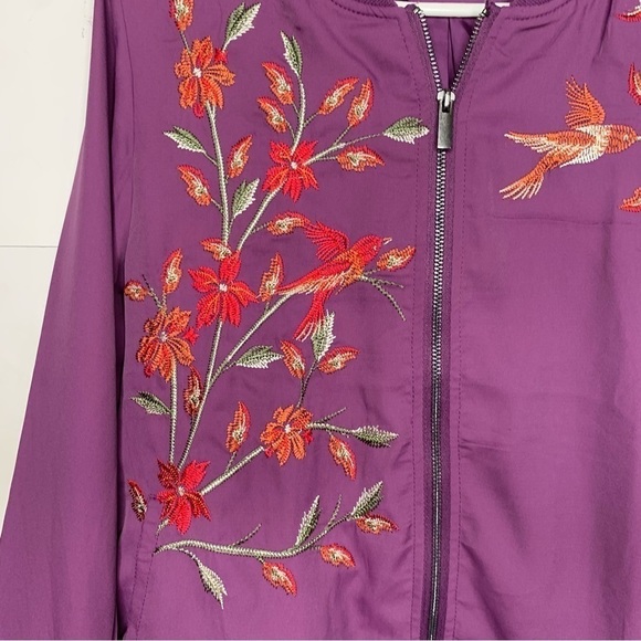DG2 Bomber spring Jacket Bird Floral Embroidered Medium Purple Zip Front - Picture 4 of 6